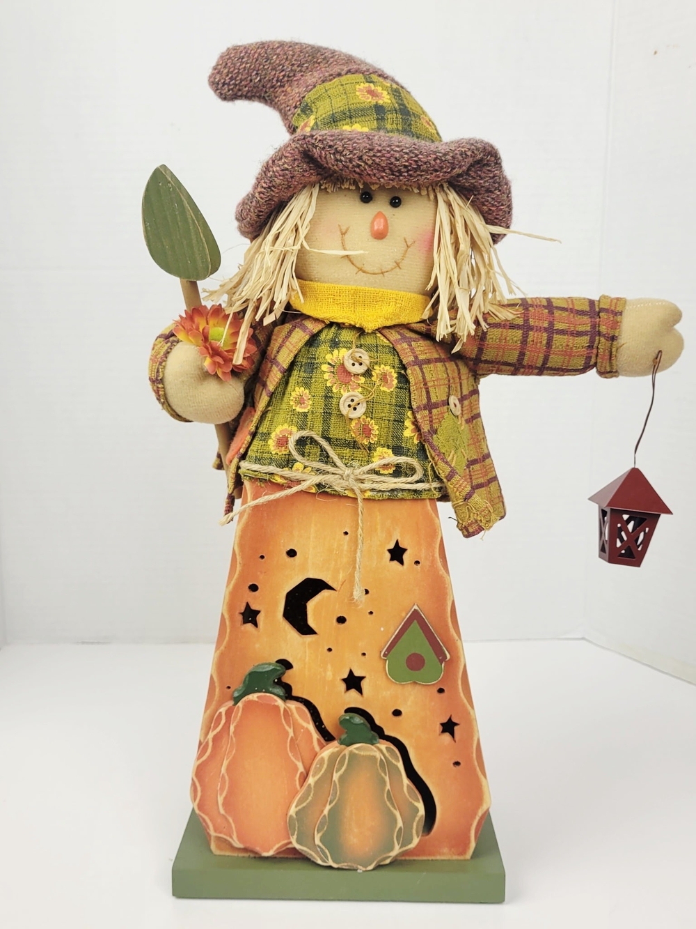 Vtg Halloween Harvest Scarecrow 16"~Wood Base~Plush Top~Lights Change Colors